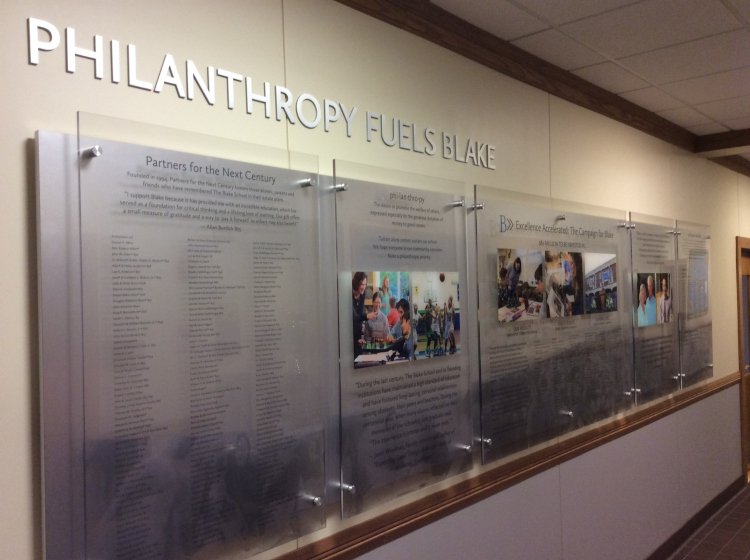 Philanthropy recognition wall, Blake School