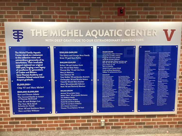 Michel Aquatic Center donor wall, St Thomas Academy