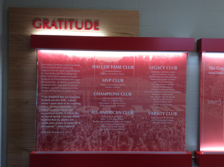 Coach Gagliardi gratitude donor wall, St John's University